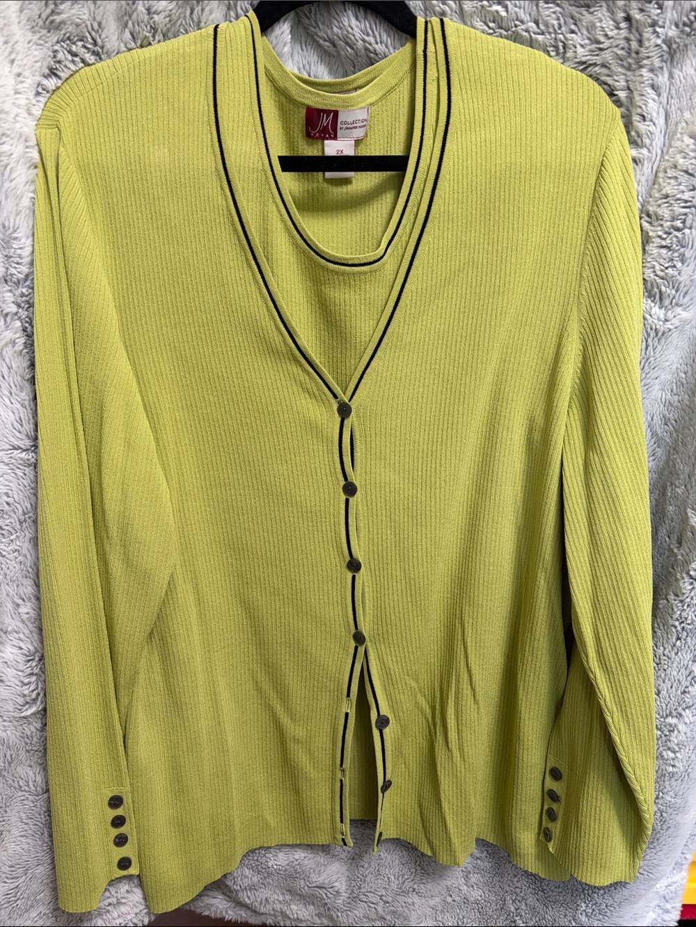 JM Collection Lime Green Ribbed Button-Front Tank with Black Trim